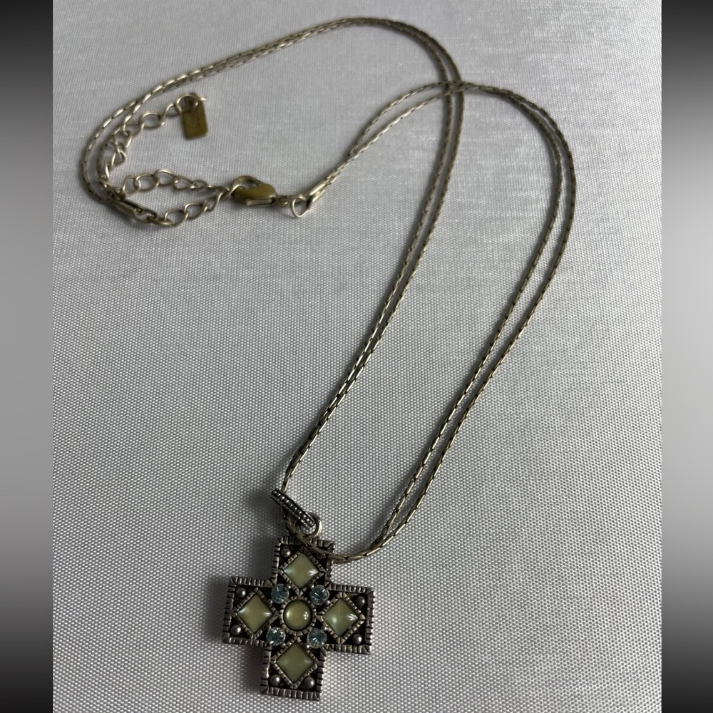 Vintage 1928 Necklace with green accent stones 18" total Length 7/8" cross size